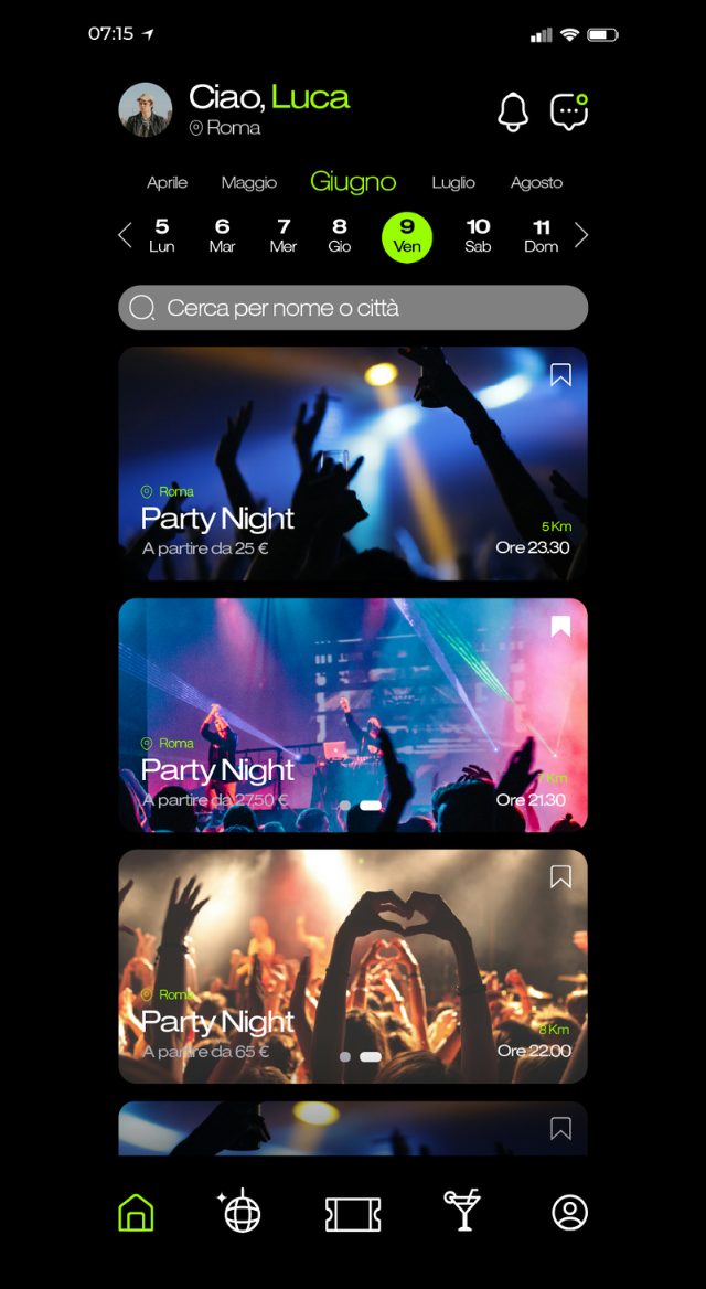 Schermata app Tickly - lista eventi nella tua città