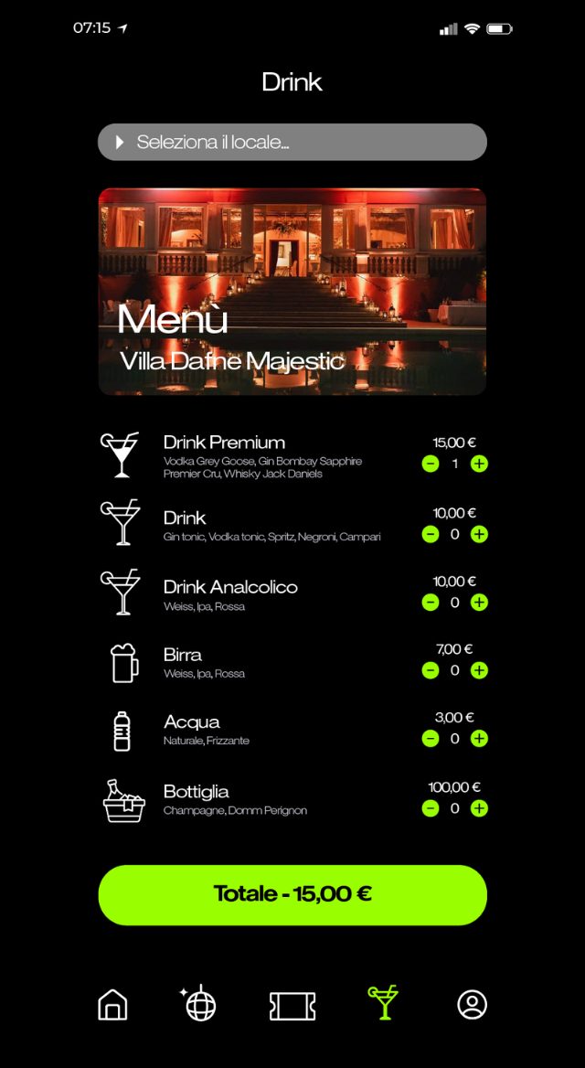 Schermata app Tickly - pre-ordina drink prima dell'evento
